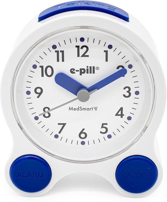 e-Pill MedSmart V8 Medication Reminder Clock for Seniors – 8 Loud Daily Alarms, Atomic Auto-Set Time, Large Easy-Read Screen, White