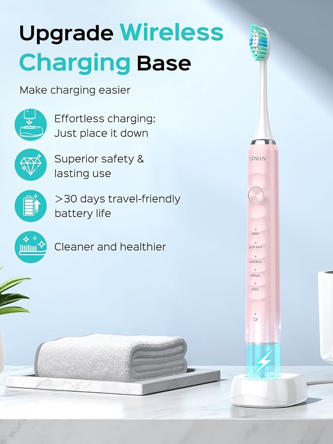 COSLUS C40 Sonic Electric Toothbrush for Adults: 47000 VPM for Deep Cleaning & Whitening with Travel Case - 5 Modes for Sensitive Teeth & Braces, Wireless Charging, 6 Brush Heads, Pink & Green (2PCS)