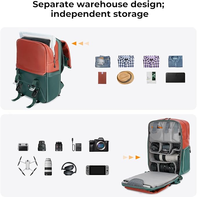 K&F CONCEPT 20L Camera Case for Photographers Large Capacity PU Leather Camera Bags with Raincover, 15.6 Inch Laptop Compartment for Camera Drone Bags