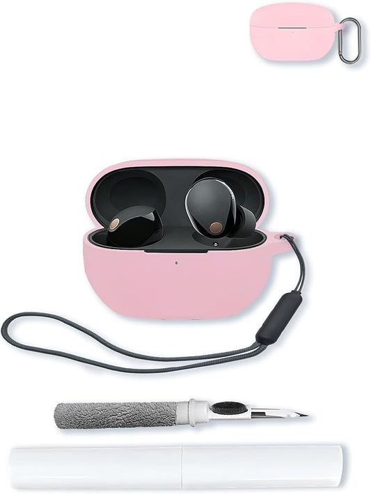 Case for Sony WF-1000XM5 Wf Xm5 Wireless Noise Cancelling Earbud,Soft Protective,BOVUGAC Silicone Case Cover with Keychain & Cleaning Kit & Lanyard for Sony Wf Xm5 Earbuds-Pink