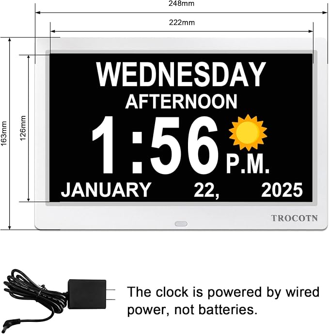 TROCOTN Dementia Clocks, Large Display Calendar Alarm Clock with Auto DST for Seniors, 5 Display Modes Large Font Digital Clock with Custom Alarms Day Date Clocks.(10 Inch White)