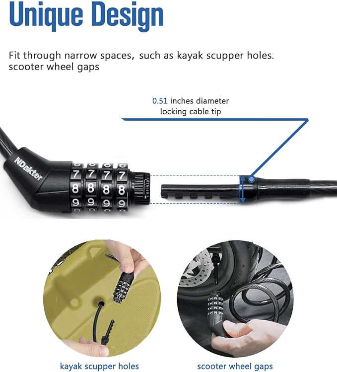 NDakte Bike Lock, Extra Long Straight Cable Lock (6FT, 12FT, 18FT, 22FT, 27ft) with Resettable Combination, Unique Narrow Designed for Kayaks, Scooters, Paddle Boards and Outdoor Gear