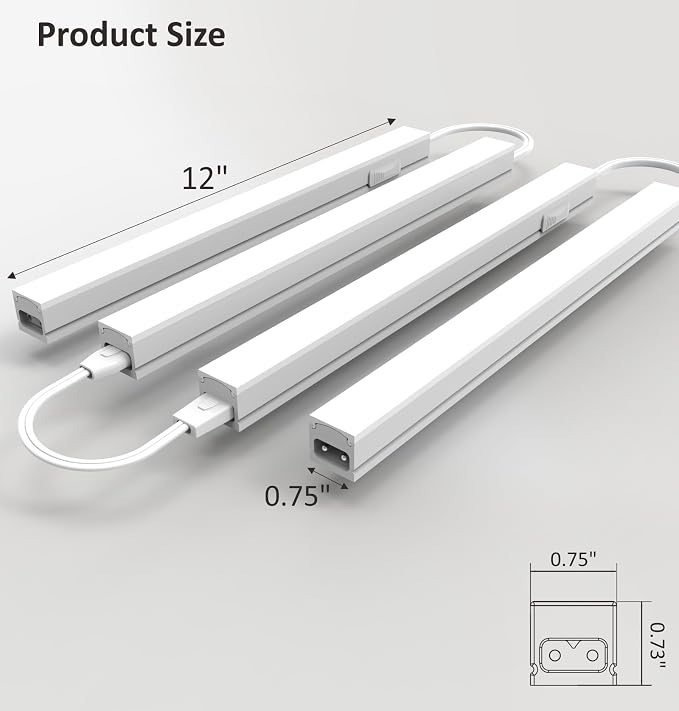 Leetdud Under Cabinet Lighting Plug in, 12 Inch 4 Pcs, Linkable AC120V 3CCT 3000K/4000K/5000K Ultra Slim, LED Under Cabinet Lights for Counter Light, Kitchen, Shelf, Sink, Workshop, Desk, White