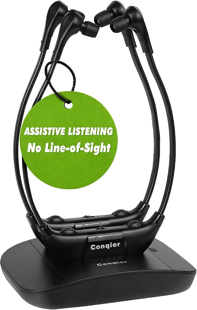 Conqier Dual Wireless Headphones for TV Watching for Seniors, 2 Headsets & 2.4GHz Transmitter, 164FT Range No Delay, Voice Enhancer & Ambient Sound, L/R Balance, Personal Volume, Hear Your TV Better