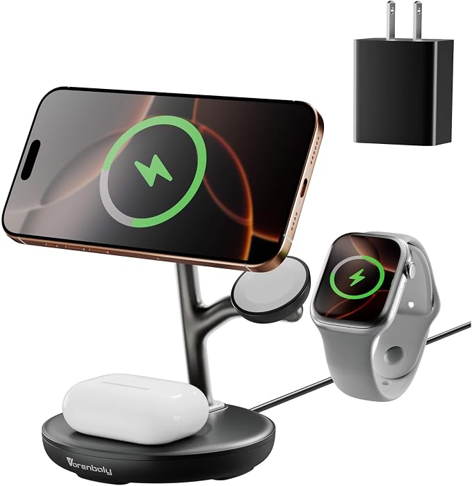 3 in 1 Charging Station for Apple,Fast Magnetic Wireless Charger for Multiple Devices iPhone 16/15/14/13/12,for Airpods and Apple Watch Magsafe Charging Dock Stand