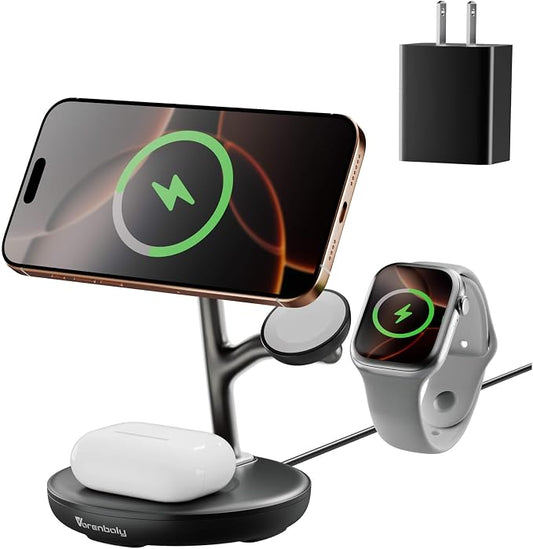 3 in 1 Charging Station for Apple,Fast Magnetic Wireless Charger for Multiple Devices iPhone 16/15/14/13/12,for Airpods and Apple Watch Magsafe Charging Dock Stand
