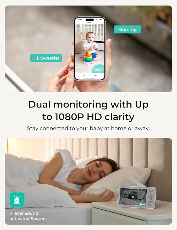 Dr.Care VistaView Lite Smart WiFi Baby Monitor with 2 Cameras- 4” 720P Split Screen & 1080P Camera App Control, Motion Alerts, Night Vision, 3000mAh Battery, 2-Way Talk, Triple Security, 1000ft Range
