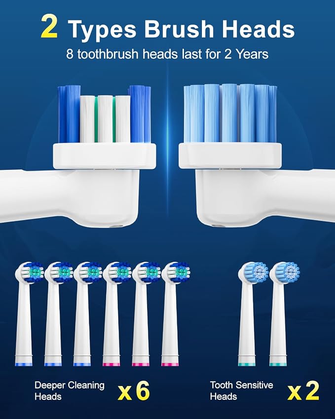 Rotating Electric Toothbrush for Adults, 8 Brush Heads (2 Types) & Travel Case, 5 Cleaning Modes Rechargeable Power Toothbrush with 2-Minute Smart Timer, Black