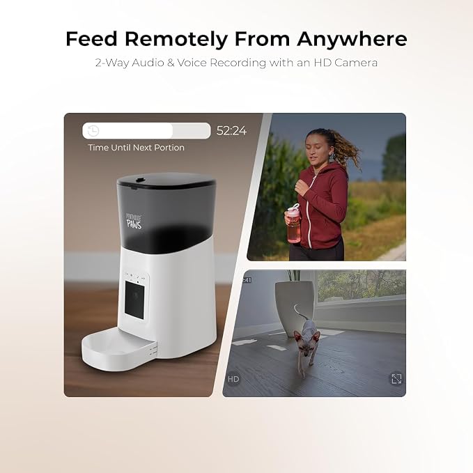 Penthouse Paws Smart HD Pet Feeder, 6L Dry Food Capacity, 1080p Camera, 2-Way Audio, Scheduled Meals, Backup Power, Easy to Clean, Anti-Jam Design for Cat & Dog, White