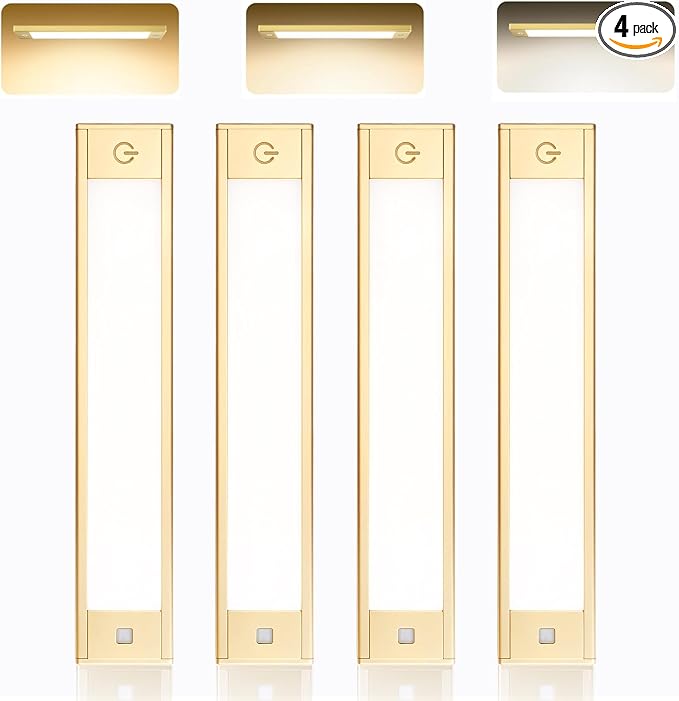 V4light Under Cabinet Light, Rechargeable Magnetic LED Bar with 1800mAh, Gold Aluminum Motion Sensor Lighting Indoor, Dimmable 3 Color Temperatures for Kitchen, Closet, Shelf & Stair (9 in)