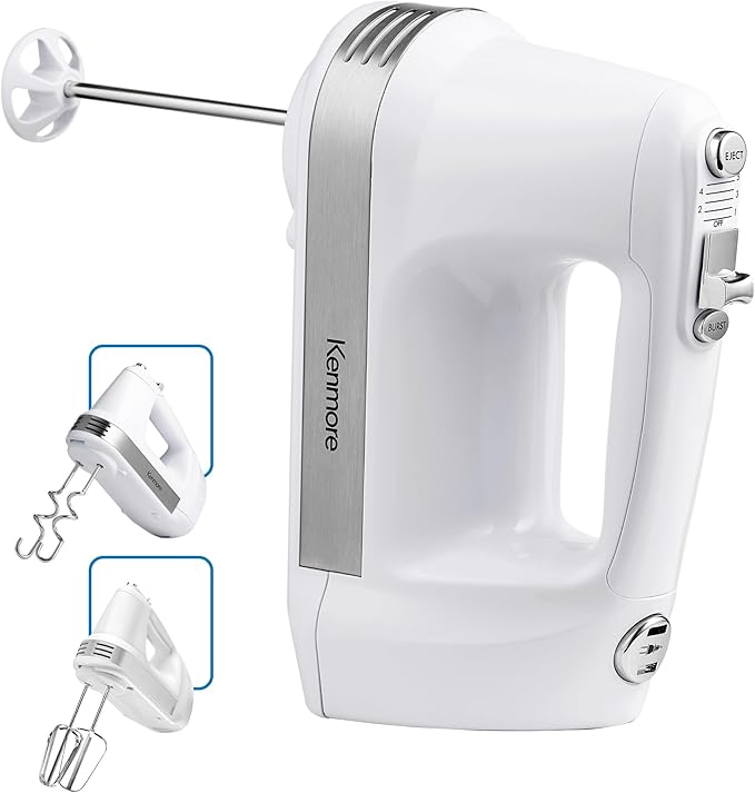 Kenmore 5-Speed Hand Mixer/Blender, 250 Watts, with Beaters, Dough Hooks, Liquid Blending Rod, Automatic Cord Retract, Burst Control, and Clip-On Accessory Storage