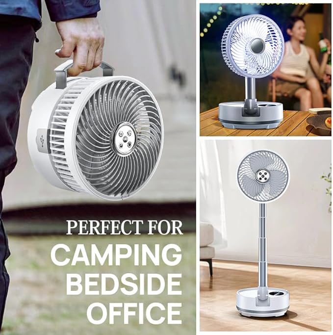 8 inch Portable Fan-Battery Operated Fan, Oscillating Rechargeable Fan with 20000mAh, Remote Control LED Lights, 72HR Run Time, Outdoor Portable Foldable Fan for Camping＆travel (White