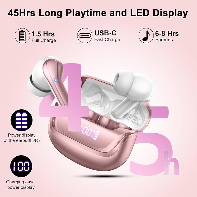 Jxrev 2026 Upgraded Wireless Earbuds, 50H Playtime Bluetooth 5.4 Headphones with 4 ENC Noise Cancelling Mics, IP7 Waterproof in Ear Earphones, LED Display Fast Charging Case, HiFi Stereo Deep Bass
