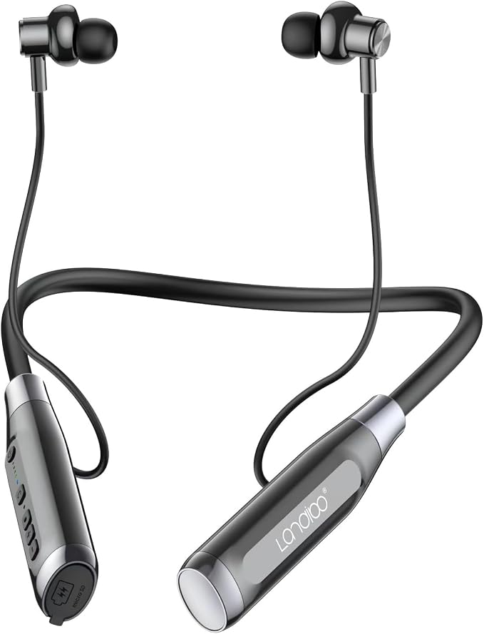 LANDIBO Wireless Bluetooth 5.0 Neck Earbuds with 100 Hours of Playback, IPX5 Waterproof Sports Earphones with Microphone, Magnetic, TF Card Slot, for Gym Running Exercises (A12)
