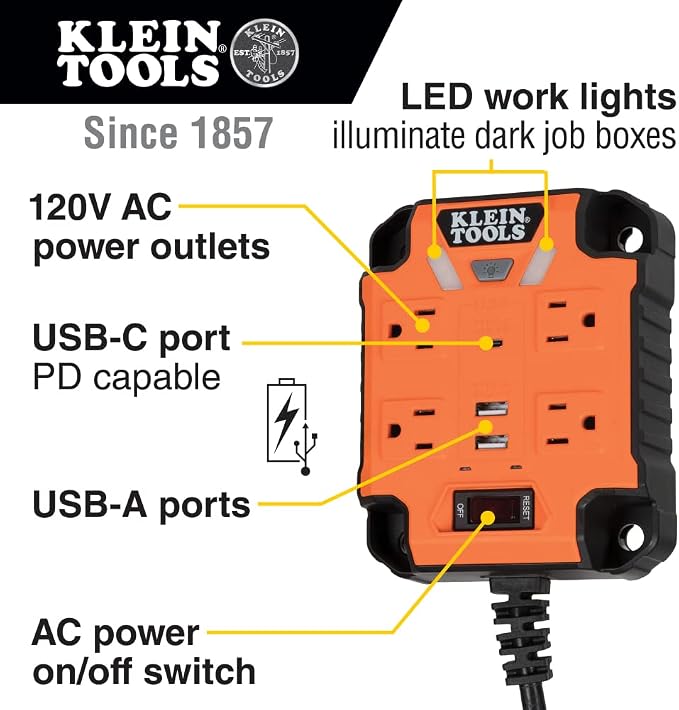 Klein Tools 29601 Magnetic Power Strip with Surge Protector, Extension Cord & AEPJS2 Bluetooth Speaker with Magnetic Strip and Hook, Rechargeable