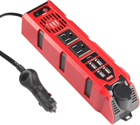 200W Car Power Inverter DC 12V to 110V AC with Dual Outlets and 4 USB Type C Ports 2.4A Fast Charge, Car Adapter Power Inverter, Car Outlet Converter for Road Trips