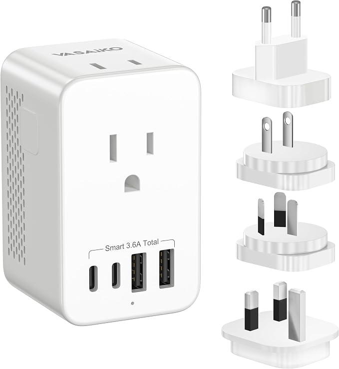 Voltage Converter US to Europe for Hair Dryers, 220V to 110V Voltage Converter for European Travel with 2 USB-A 2 USB-C Port & UK/AU/US/IT/European Travel Plug Adapters