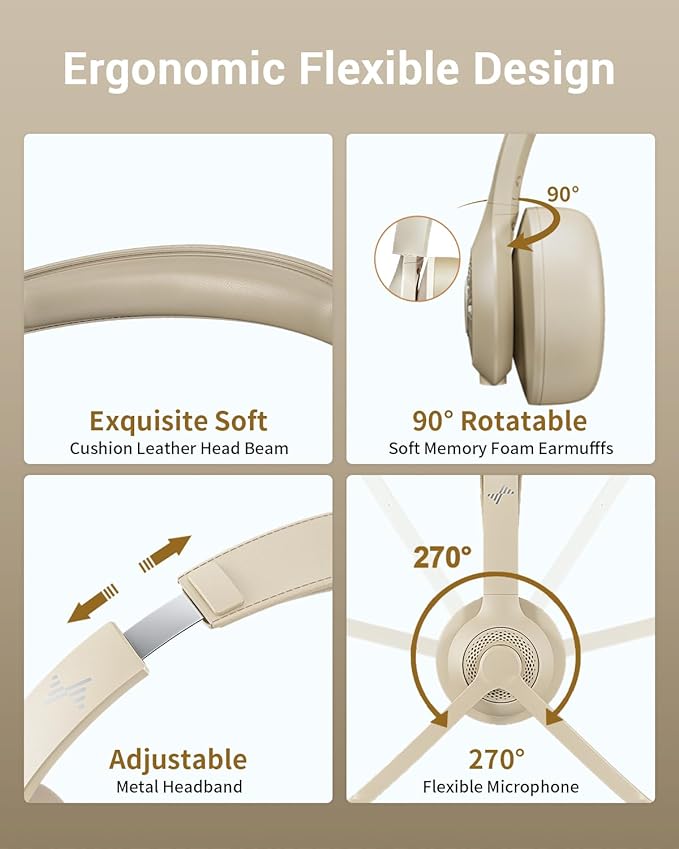 Bluetooth Wireless Headset with Mic for Work, Bluetooth 5.2, Advanced Noise Reduction Microphone, Clear Calls - Comfortable On-Ear Headphones, Applicable to PC, Laptop, Phone, Android, Zoom, Office