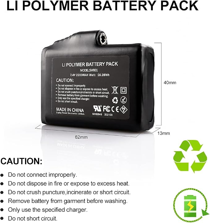 7.4V 2200MAH Rechargeable Li-Polymer Electric Batteries for Heated Gloves,Warmer Winter Heated Fleece Cap and Thermal Heated Socks (2 Pack Included)