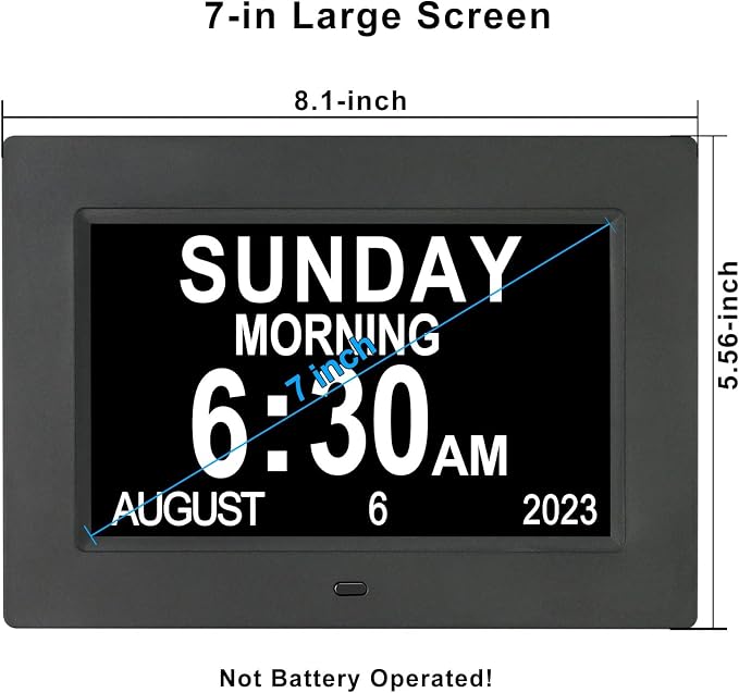 TSITSC 7 Inch Digital Day of The Week Clock Extra Large Non-Abbreviated Dementia Day and Date Time Clocks for Seniors Elderly Impaired Vision Memory Loss 12 Alarm Reminders + Auto-Dimming