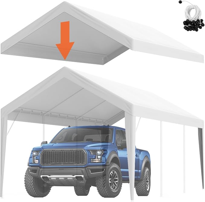VEVOR Carport Replacement Canopy Cover 10 x 20 ft, Garage Top Tent Shelter Tarp Heavy-Duty Waterproof & UV Protected, Easy Installation with Ball Bungees,White (Only Top Cover, Frame Not Include)