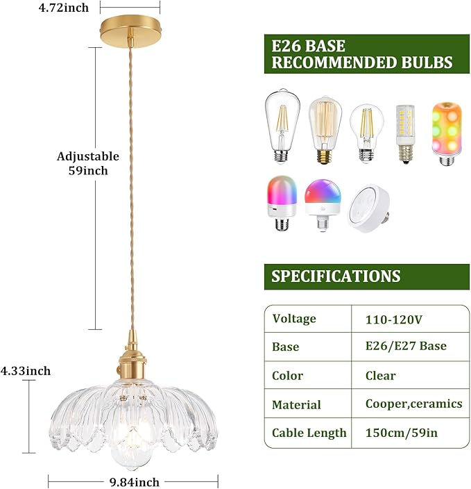 Shenmoyl Pendant Light with Clear Scindapsus Glass Lmapshade, Brass Vintage Pendant Light Adjustable Hanging Light for Kitchen Island Dining Room Hallway