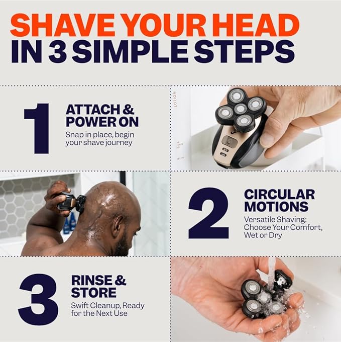 Freebird Electric Head & Body Hair Shaver - Mens Cordless Waterproof Razor with Rotary Blades (FlexSeries, Shaver Kit + One Blade Refill)