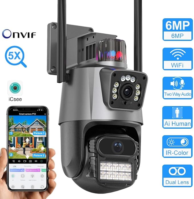 PTZ WiFi Outdoor Security Wireless 2X3MP Dual Lens Linkage Human Detect Pan tilt Digital Zoom Auto Tracking Home Surveillance Camera Two Way Audio Color Night Vision ICsee