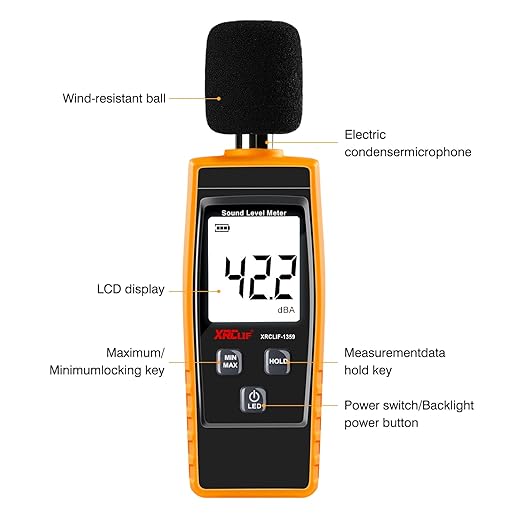 Decibel Meter Sound Level Reader 30-130dB(A), Hand-held Sound Noise Meter with Backlight Alarm, Digital Noise Meter Decibel Monitoring Tester Calibrated Audio Noise Volume Measuring Instrument