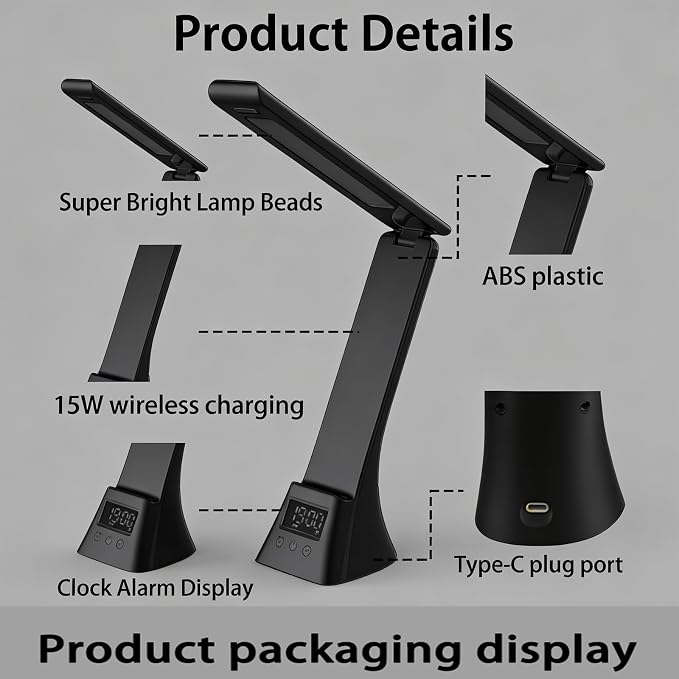 All-in-One Wireless Charging Desk Lamp with Digital Clock & Alarm, 15W Fast Phone Charger, 3 Color Lighting Modes, 180° Foldable, Touch Control for Bedroom, Office,HYV-2088 Black.