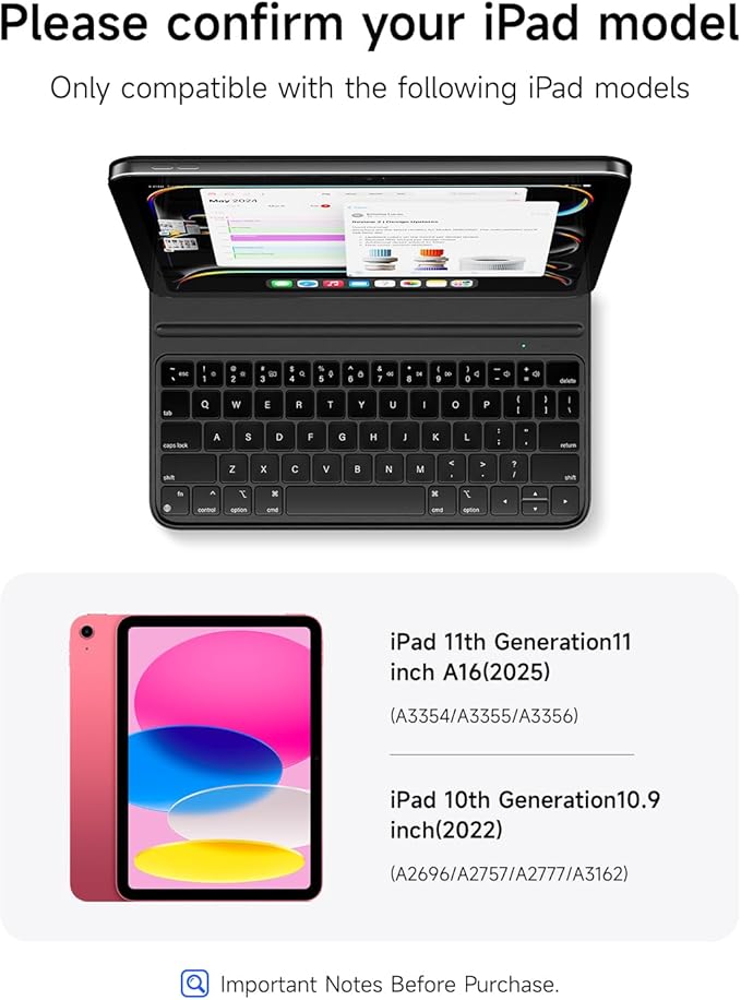 HOU Slim Bluetooth Keyboard Case for 2025 11th-Gen iPad (A16) & 2022 10th-Gen iPad, Smart Folio, Magnetic Stand with 2 Ergonomic Tilt Angles, Recyclable Synthetic Leather, Long-Life Battery, Black