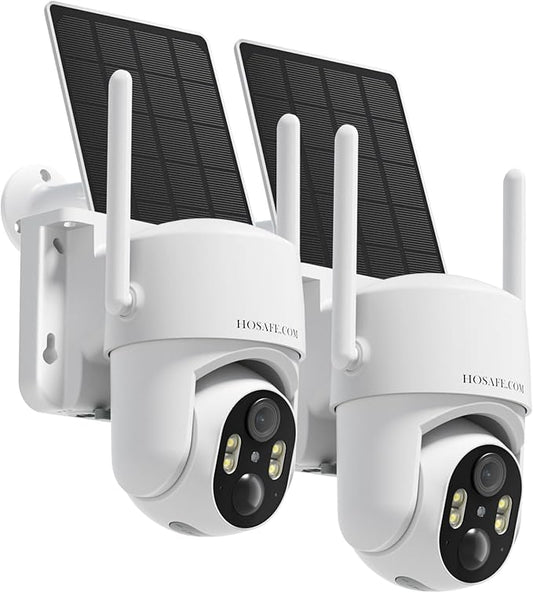 HOSAFE.COM Outdoor Security Camera Wireless, Free Cloud Storage, 360° PTZ Remote Wireless Cameras for Home Security Solar Powered, 2K Solar Security Camera with Spotlight Color Night Vision, 2 Pack