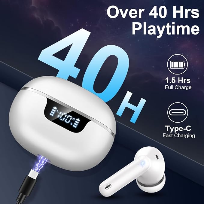 Wireless Earbuds, Bluetooth 5.4 Headphones In Ear with Noise Cancelling Mic, Bluetooth Earbuds Stereo Bass, IP7 Waterproof Sports Earphones, 50H Playtime USB C Charging White Ear Buds for Android iOS