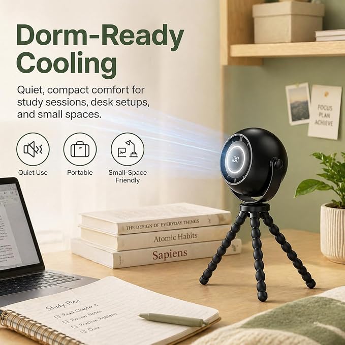 Portable Fan with Flexible Tripod, 4000mAh USB Rechargeable Mini Desk Fan with LED Display, 3 Speeds, 3 Light Modes, Clip On Quiet Small Fan for Dorm Bed Desk Stroller Camping Travel