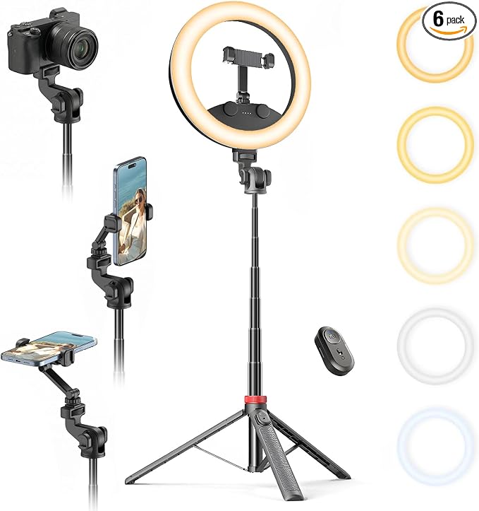 10''Selfie Ring Light with 64''Tripod Stand,Rechargeable Ring Light with Phone Holder and Remote Control,Adjustable Color Temperature and Brightness,5000mAh Battery,Live Streaming,Makeup,Travel,Gaming