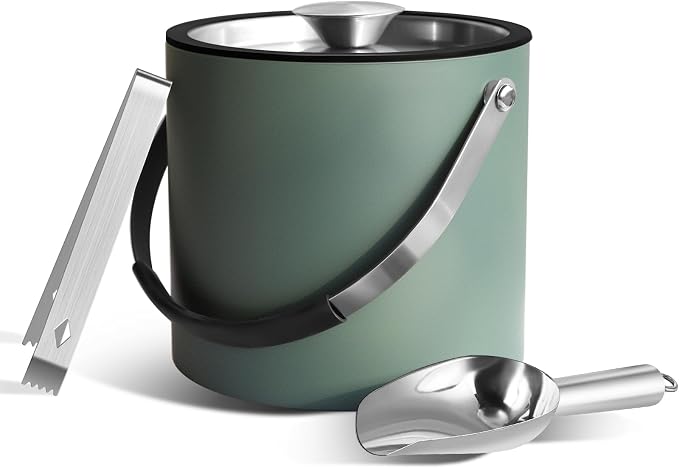 Bakpoco 3L Ice Bucket with Silicone Lid, Scoop, Tongs & Strainer, Stainless Steel Double Wall Insulated Ice Buckets for Parties & Cocktail Bar, Outdoor Champagne Ice Container Bin, Dusty Green
