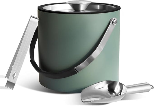 Bakpoco 3L Ice Bucket with Silicone Lid, Scoop, Tongs & Strainer, Stainless Steel Double Wall Insulated Ice Buckets for Parties & Cocktail Bar, Outdoor Champagne Ice Container Bin, Dusty Green