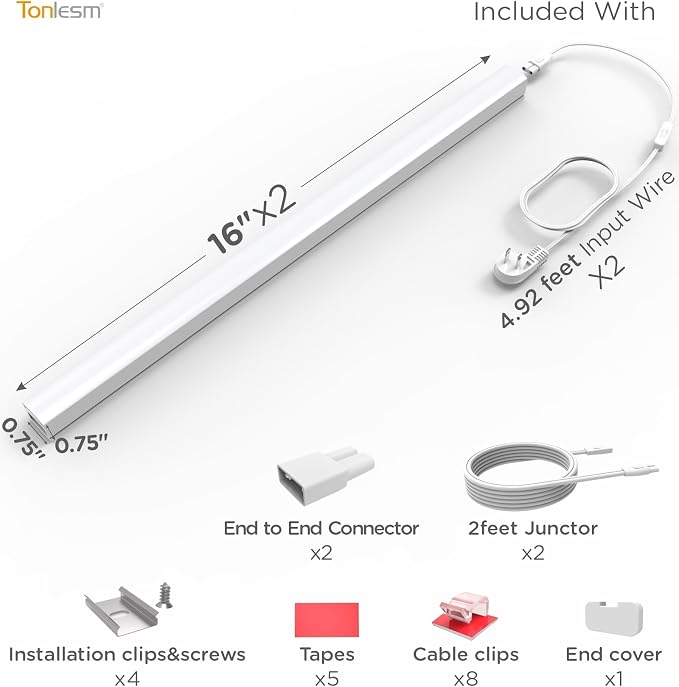 Under Cabinet Lighting Plug in 16in 2Pack AC120V 3CCT 3000/4000/5000K, Super Bright,Linkable Under Counter Lights for Kitchen, Ultra Slim LED Cabinet Light,ETL White