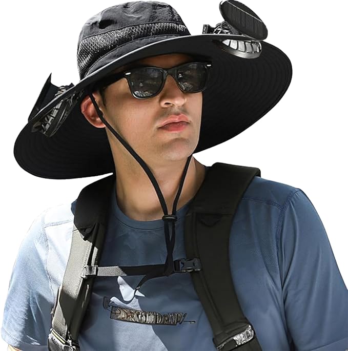 Solar Powered Fan Hat for Men Women - Wide Brim Cooling Hat with 2 USB/Solar Charging Fans, Solar Fan hat - UPF50+ Sun Hat