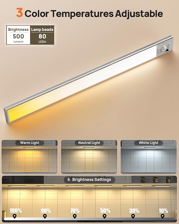 16inch Under Cabinet Lighting Wireless, 4000mAh Rechargeable Motion Sensor Light Indoor, LED Closet Lights with Remote, 3 Color Temps Dimmable Magnetic Under Counter Lights for Kitchen, Stair, 4 Pack