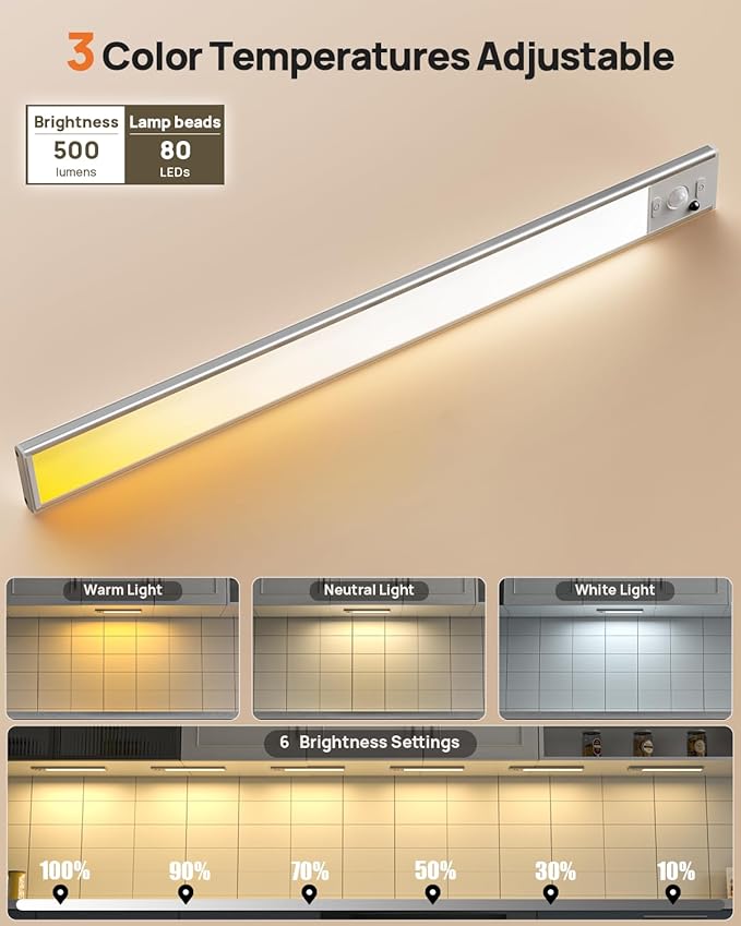 16inch Under Cabinet Lighting Wireless, 4000mAh Rechargeable Motion Sensor Light Indoor, LED Closet Lights with Remote, 3 Color Temps Dimmable Magnetic Under Counter Lights for Kitchen, Stair, 2 Pack