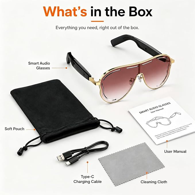 Smart Glasses for Women Men, Open Ear Audio, 7H Playtime, Mic & Speakers | Bluetooth Sunglasses, Touch Control for Sports Driving, Bilateral Power-On, Large Frame, Eye Care for Outdoor