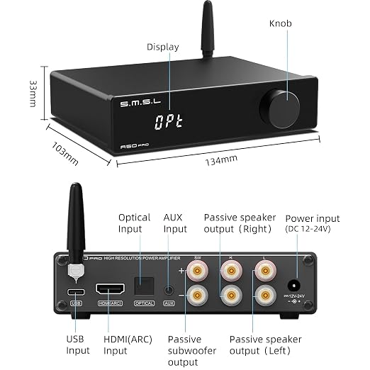 S.M.S.L A50 PRO HiFi Power Amplifier, High/Low pass filter 2.1-Channel, Infineon's MA12070P Chip, Bluetooth 5.0/USB/Optical/HDMI/AUX input Passive subwoofer with adjustable volume, with Remote Control