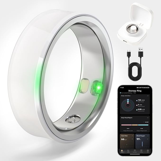 Smart Ring for Women & Men, Fitness & Activity Tracker, Sleep Monitoring, 7-Day Battery Life, 5ATM Waterproof, No Subscription Fee, iOS & Android Compatible (White, 10)