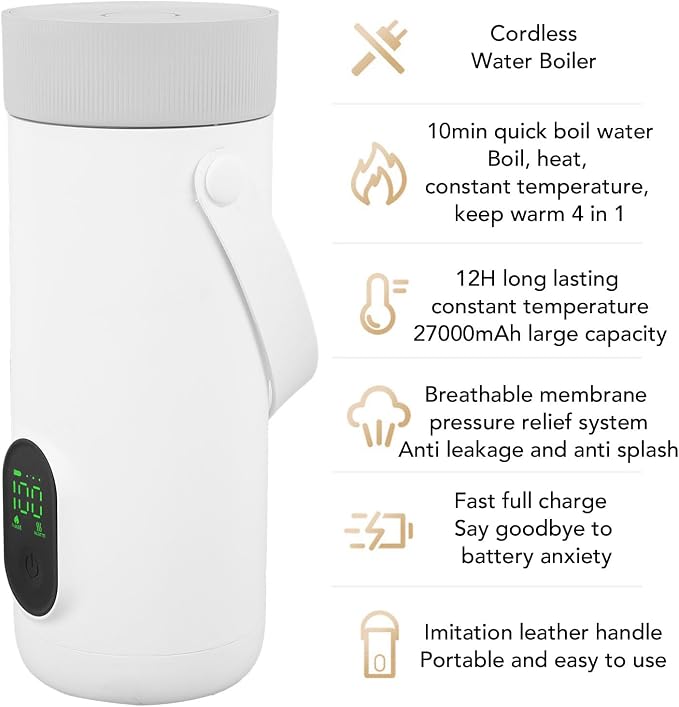 Dpofirs Portable Electric Kettle, 350ML Tea Coffee Hot Water Boiler, 27000mAh USB Rechargeable, Fast Boiling, Temperature Controls, for Camping Travel (US Plug)