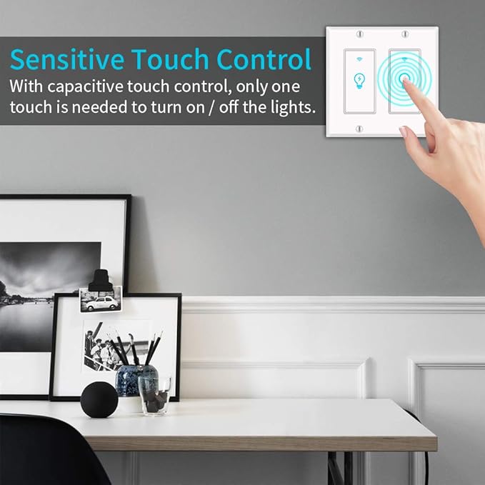 Smart Light Switch, Compatible with Alexa, Google Home IFTTT, App and Voice Control, Timing Function, No Hub Required, Suitable for 2/3/4 Box, Neutral Wire Needs MICMI, 2 Gang 2 Pack