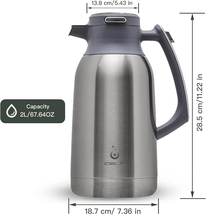 IDEUS Thermal Coffee Carafe, Stainless Steel Double Wall Insulated Vacuum Flask, Water Jug Coffee Server and Beverage Dispenser, Heat and Cold Retention (Metallic, 68, Fluid Ounces)
