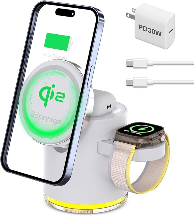 New Generation Qi2 Certified 3 in 1 Magnetic Wireless Charging Station, Compact Fast Charging Station,for Apple iPhone12-17,iWatches,AirPods,Samsung Phones and Watches(30W Adapter Included)(White)