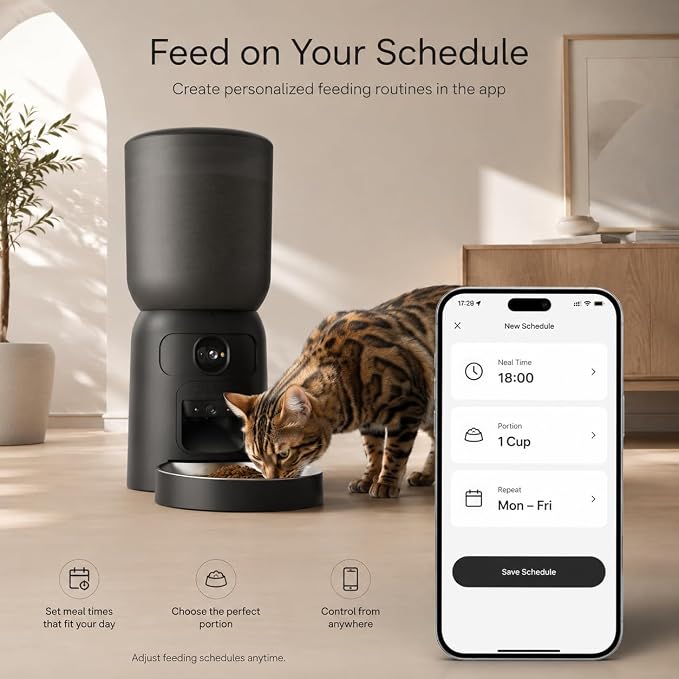 Automatic Cat Feeder with Camera, 2K WiFi Smart Pet Feeder with App Control, 6L Cat Food Dispenser, AI Pet Monitoring, Portion Control Automatic Pet Feeder for Cats & Dogs, Motion Tracking, Dual Power