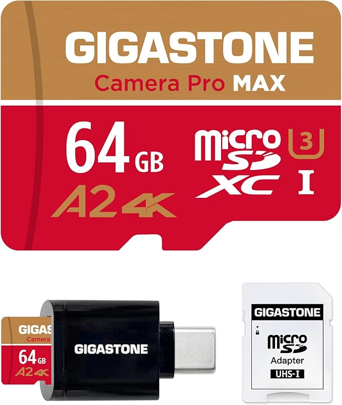 【5-Years Data Recovery】 GIGASTONE 64GB Micro SD Card with USB 3.2 Type C Card Reader, Camera Pro MAX, Speed Up to 100MB/s Compatible with Gopro, DJI, Dash Cam, microSDXC UHS-I A2 V30 U3 C10